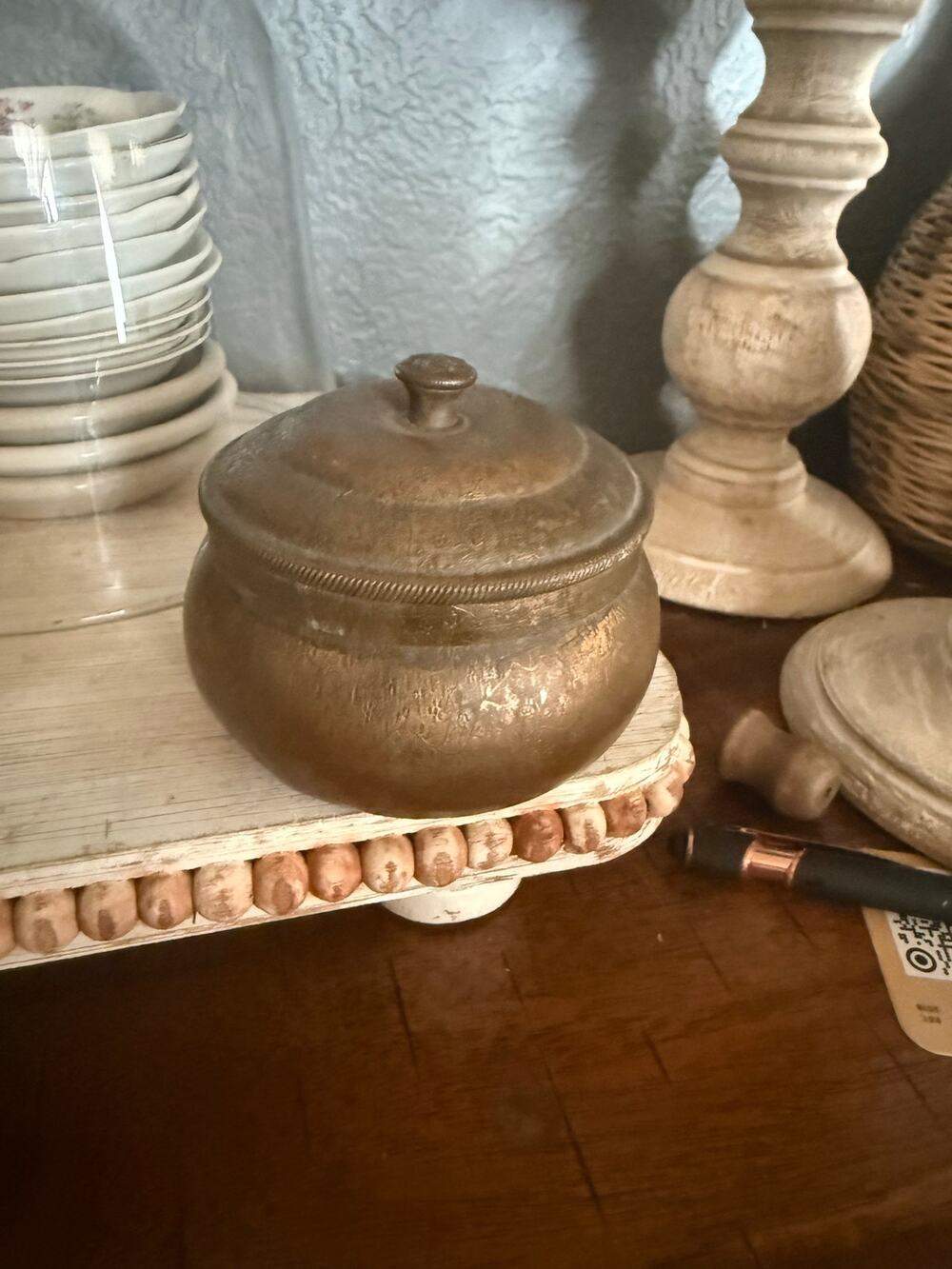 Small vintage floral embossed copper color powder tin